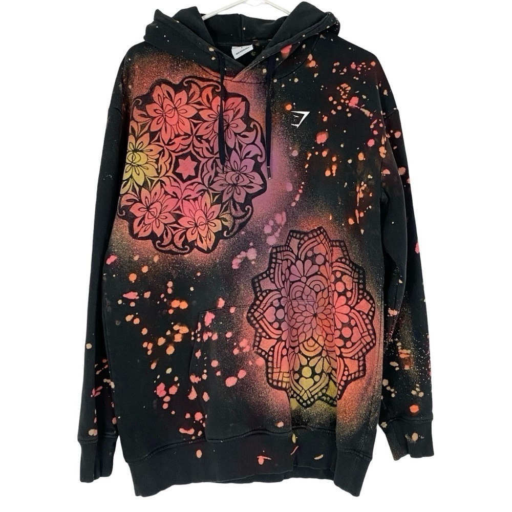 Handmade Hoodie Sweatshirt Pullover Mens Size Large Unisex Mandala Stencil Black
